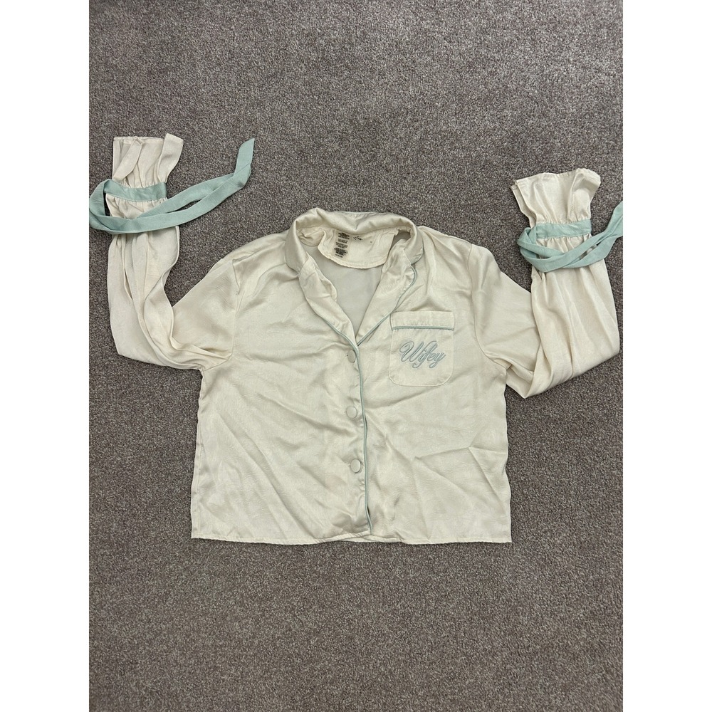 Lulus Wifey Pajama Top Women Small Cream Satin Blue Ribbon Bridal Excellent
